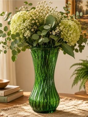 Vintage Hoosier GlassGreen Ribbed Vase | Mid-Century Art Glass | 9.5” Tall | USA